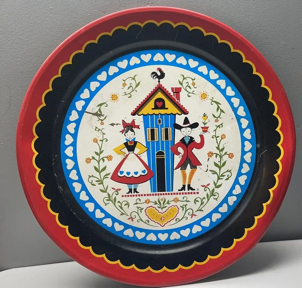 Vintage Large MCM Tray DUTCH PENNSYLVANIA Metal TIN TRAY Platter Folk Art 19